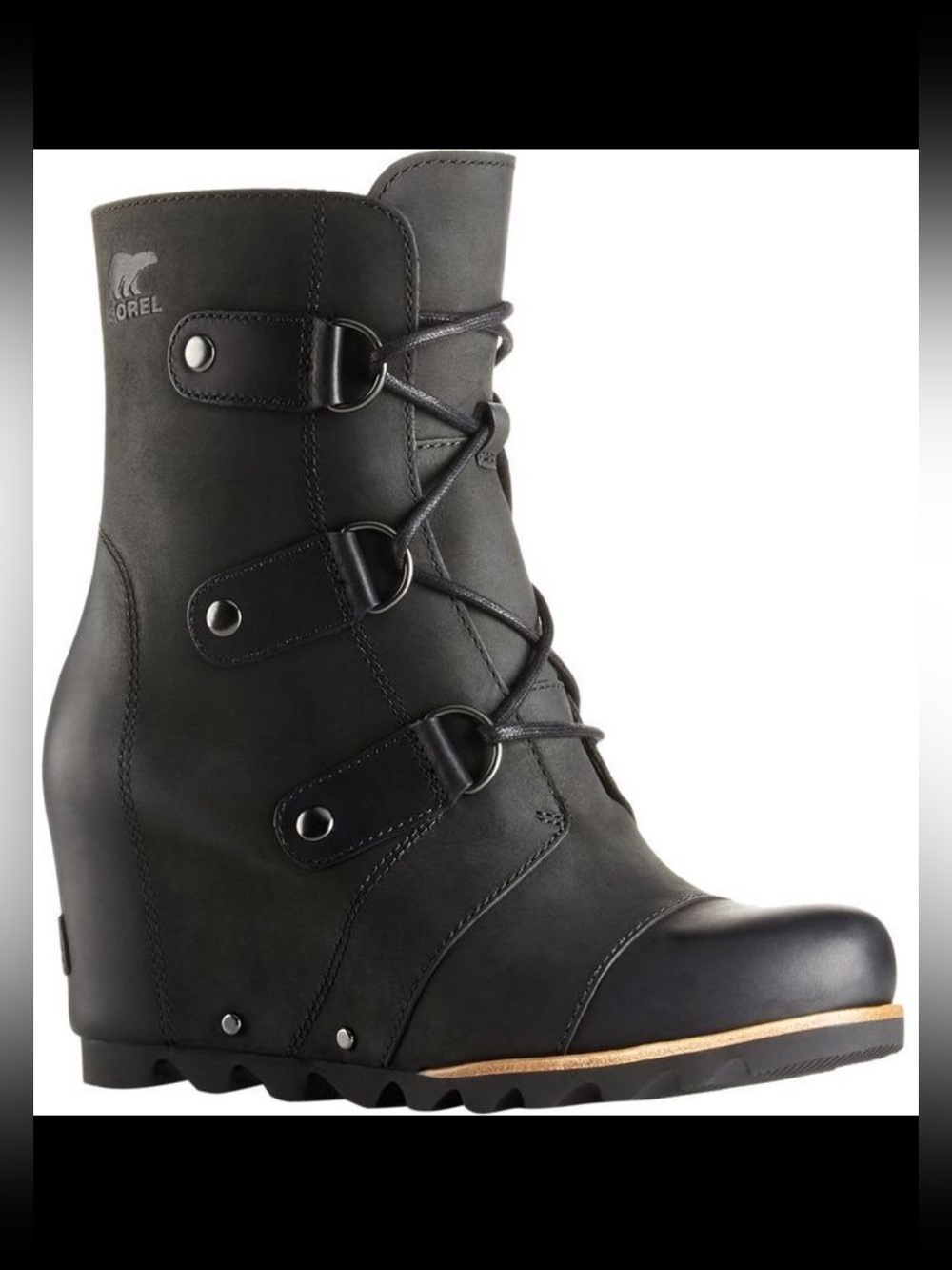 SOREL Joan of Arctic Wedge Mid Black Leather Boots NL2173-010 Size 7